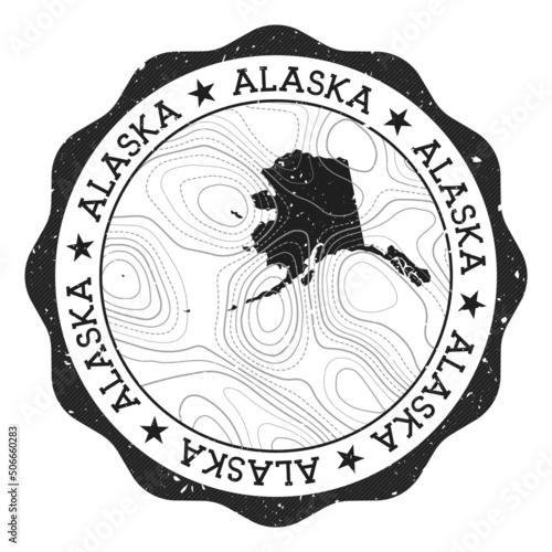 Alaska outdoor stamp. Round sticker with map of US state with topographic isolines. Vector illustration. Can be used as insignia, logotype, label, sticker or badge of Alaska.
