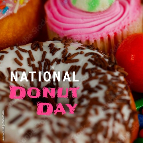 Composite of national day text with donut and cupcakes, copy space