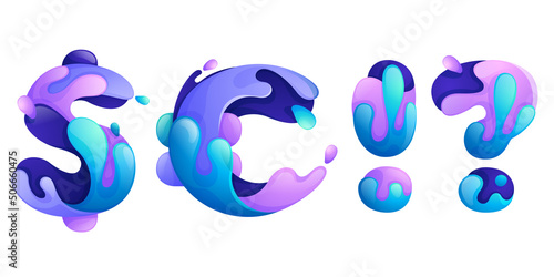 Dollar, euro, question, and exclamation mark set with water waves and drops.