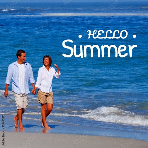 Composite of hello summer text with caucasian young couple walking on shore at beach