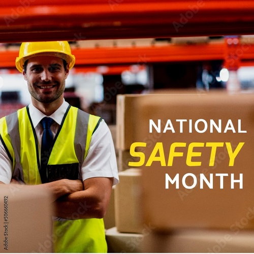 National safety month text with confident caucasian young male manager in workwear, copy space