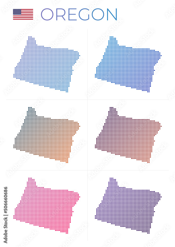 Oregon dotted map set. Map of Oregon in dotted style. Borders of the us state filled with beautiful smooth gradient circles. Artistic vector illustration.
