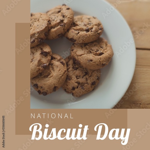 Digital composite of chocolate chip biscuits in plate and national biscuit day text, copy space