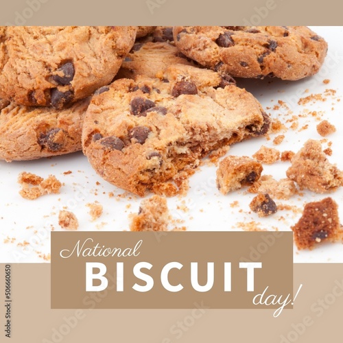 Digital composite image of fresh chocolate chip cookies with national biscuit day text