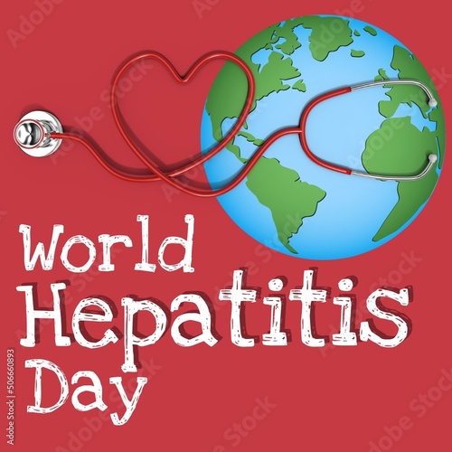 Illustration of earth with heart shape made of stethoscope and world hepatitis day text, copy space