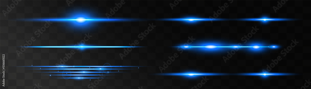 Set of blue horizontal lens flares pack. Abstract light flares, laser beams, sparkling lined, horizontal light rays. Vector illustration.