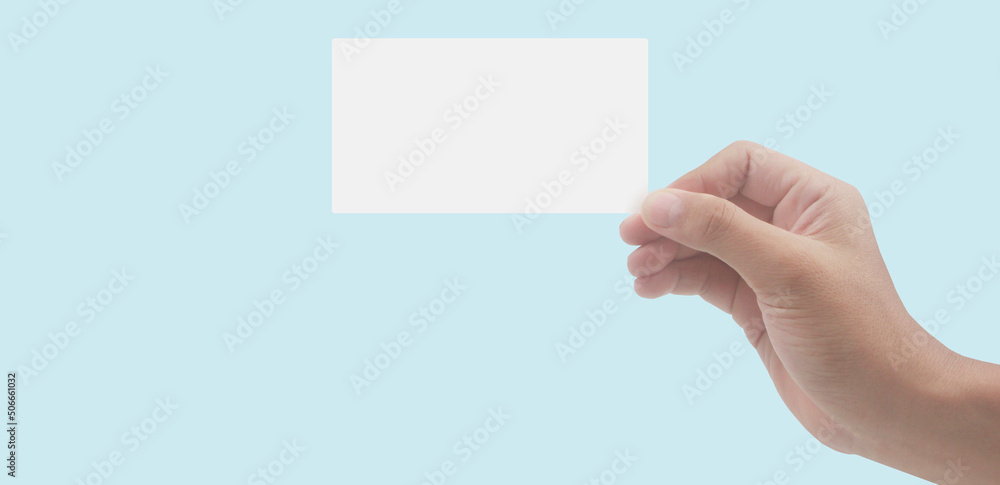 Fototapeta premium Close up of hand holding virtual card with. Credit card