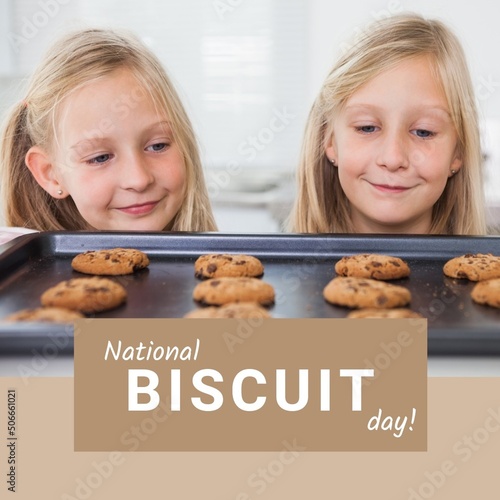 Cute caucasian sisters looking at chocolate chip cookies in tray with national biscuit day text