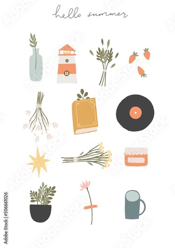 Cute Summer elements collection. Spring, summer floral festival elements - bouquets, flowers, books, herbs, stars, leaves. Hello summer. Vector poster card illustration