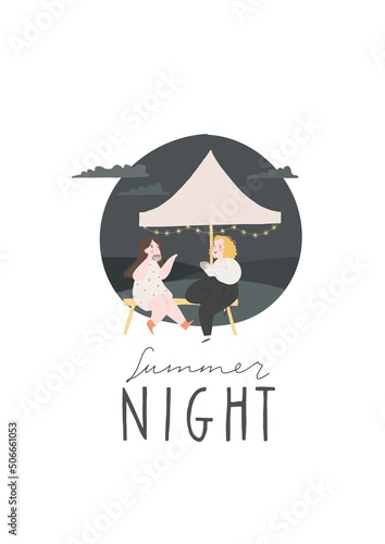 Women friends drinking coffee, talking, gesturing at bench. Happy relaxed girlfriends chatting at evening in outdoor cafe. Happy communication. Flat vector illustration isolated on white background