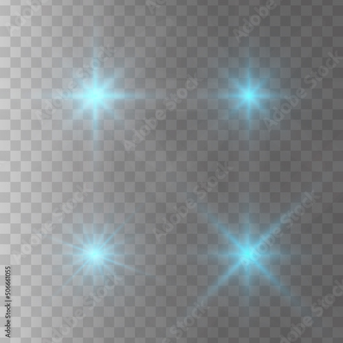 Set of glowing light stars with sparkles. Transparent shining sun  star explodes and bright flash. Blue bright illustration starburst.