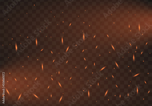 Fire flying sparks on background. Realistic fire, smoke, and sparks. Vector illustration.