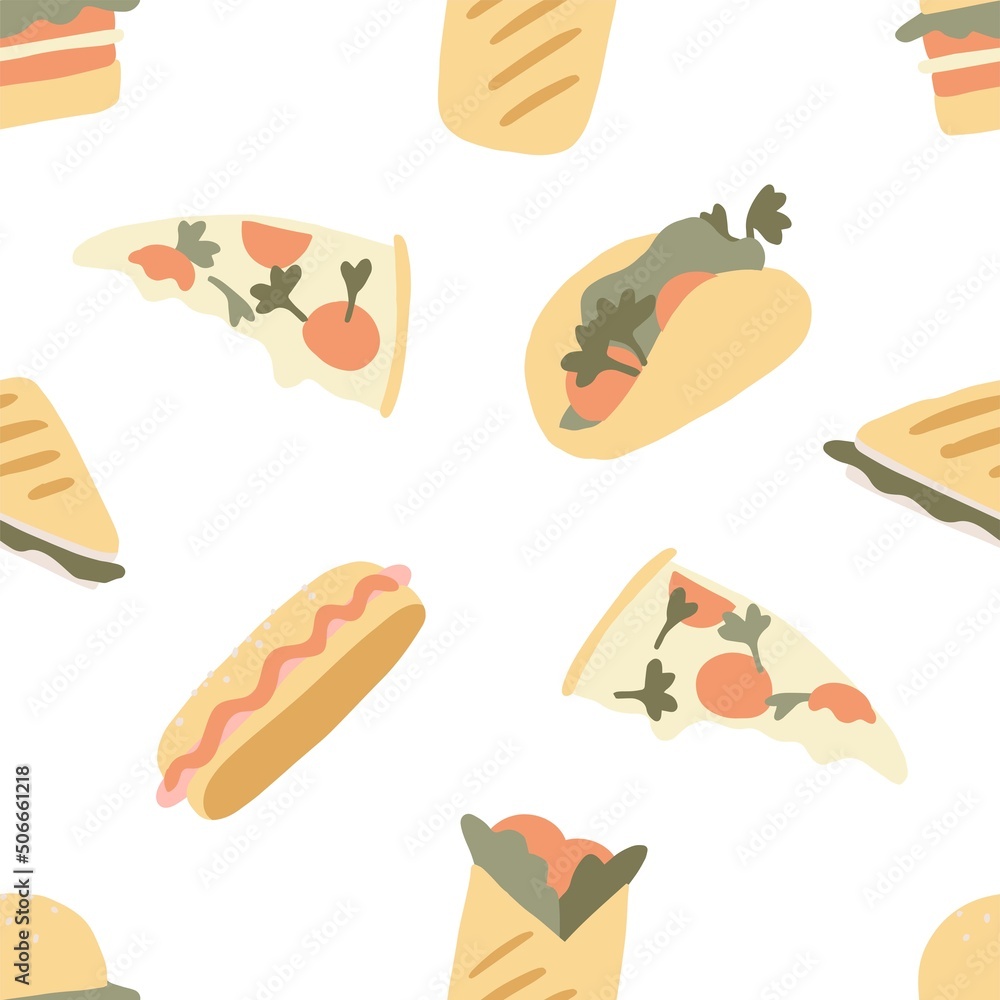 Fast food seamless pattern. Taco, pizza slice, burrito, sandwich, hot dog illustration. Cartoon style fastfood collection pattern. Wrapping paper, packaging design concept. Vector illustration Fast food seamless pattern. Taco, pizza slice, burrito, sandwich, hot dog illustration. Cartoon style fastfood collection pattern. Wrapping paper, packaging design concept. Vector illustration