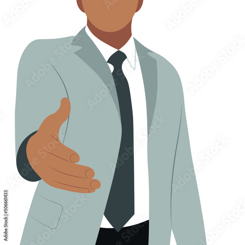 Portrait of a indian guy in a business suit who extends his hand, flat vector, isolate on a white background, helping hand, faceless
