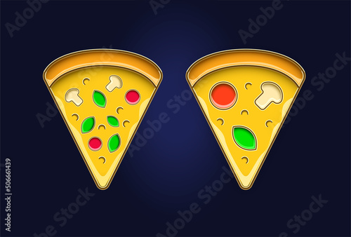 Set of two Pizza Slices Icon in Enamel Pin Badge Style. Embossed Metal. Realistic Icon.