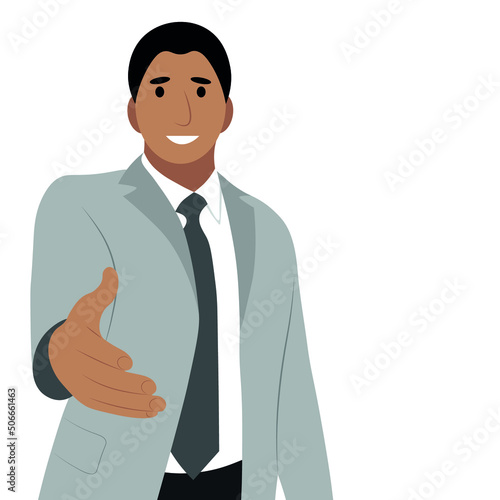 Portrait of a indian guy in a business suit who extends his hand, flat vector, isolate on a white background, helping hand