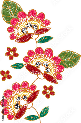 Ukrainian embroidery ornament. Red flower embroidered arrangement, bouquet decoration.