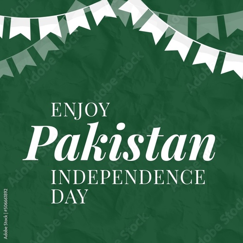 Illustration of buntings with enjoy pakistan independence day text on green background, copy space
