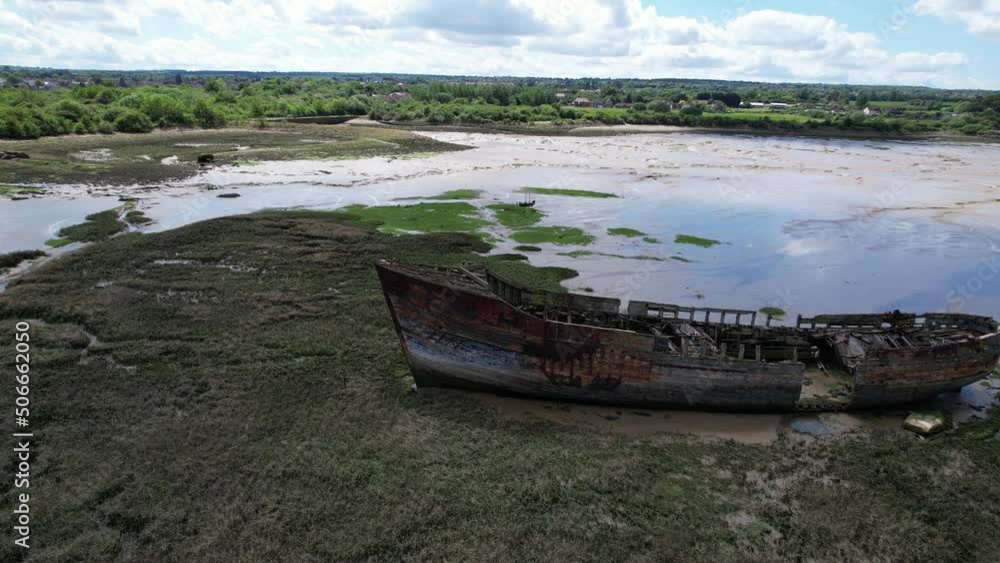 Shipwreck on salt marshes river medway Kent UK drone aerial view Shipwreck on salt marshes river medway Kent UK drone aerial view