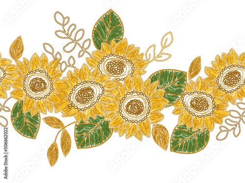 Ukrainian embroidery sunflower seamless floral border. Blue flower embroidered arrangement