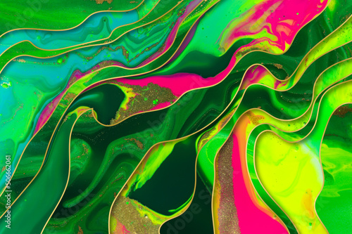 Streams of liquid green  pink and gold ink curls. Waves of fluid paints.