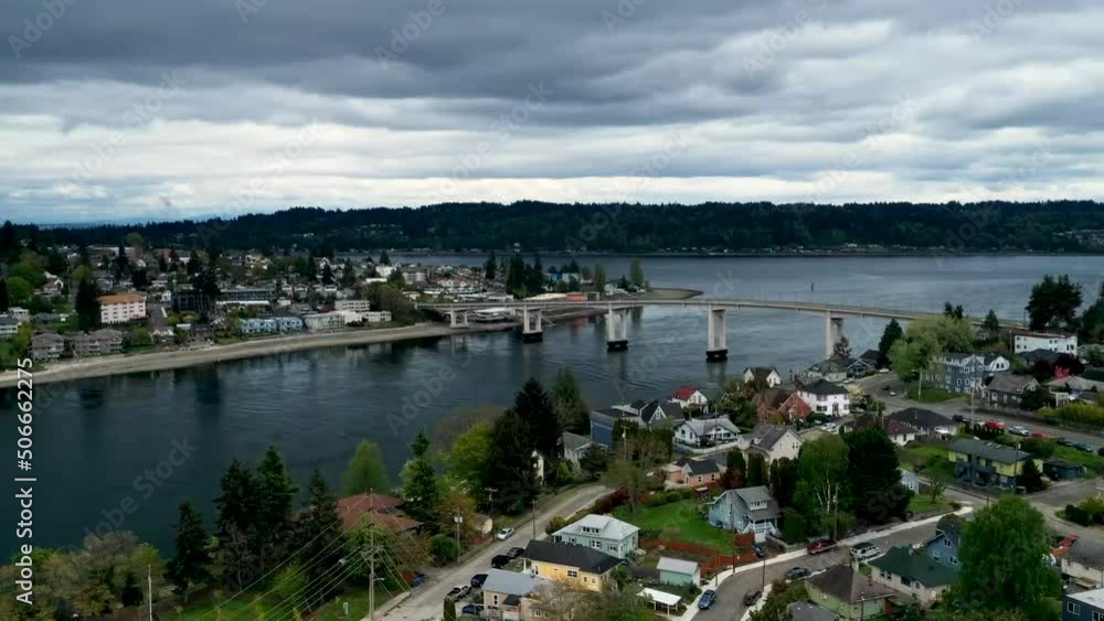 Manette Bridge Over Port Washington Narrows In Bremerton, Washington, USA. - aerial hyperlapse Manette Bridge Over Port Washington Narrows In Bremerton, Washington, USA. - aerial hyperlapse