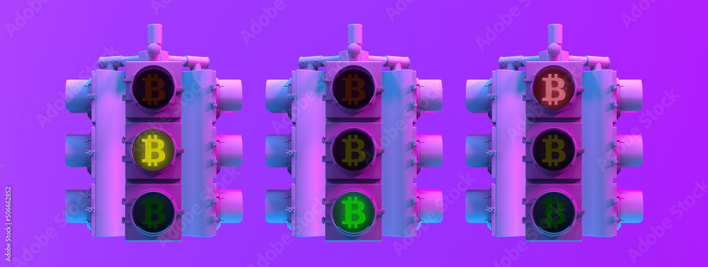 Fototapeta premium Bitcoin traffic light set on a neon background. 3d image.