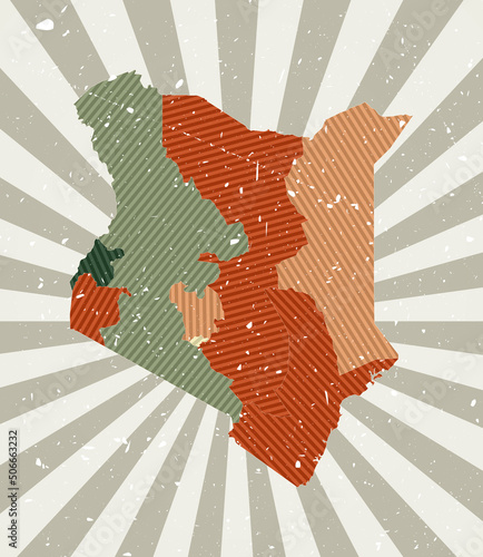 Kenya vintage map. Grunge poster with map of the country in retro color palette. Shape of Kenya with sunburst rays background. Vector illustration.