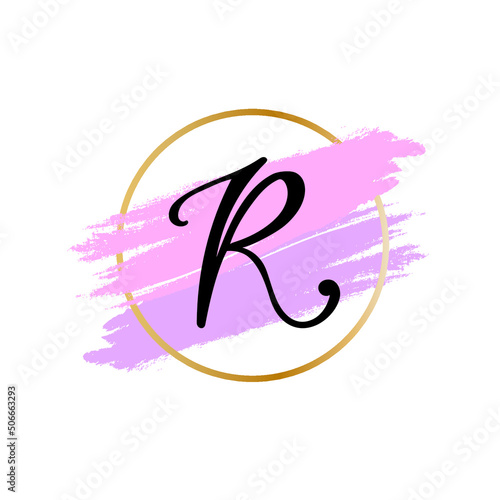 R Logo for company cosmetic business packaging. Digital hand lettering.Black letter on the pastel  bubblegum color in golden circle frame. Fashion luxury logotype emblem.