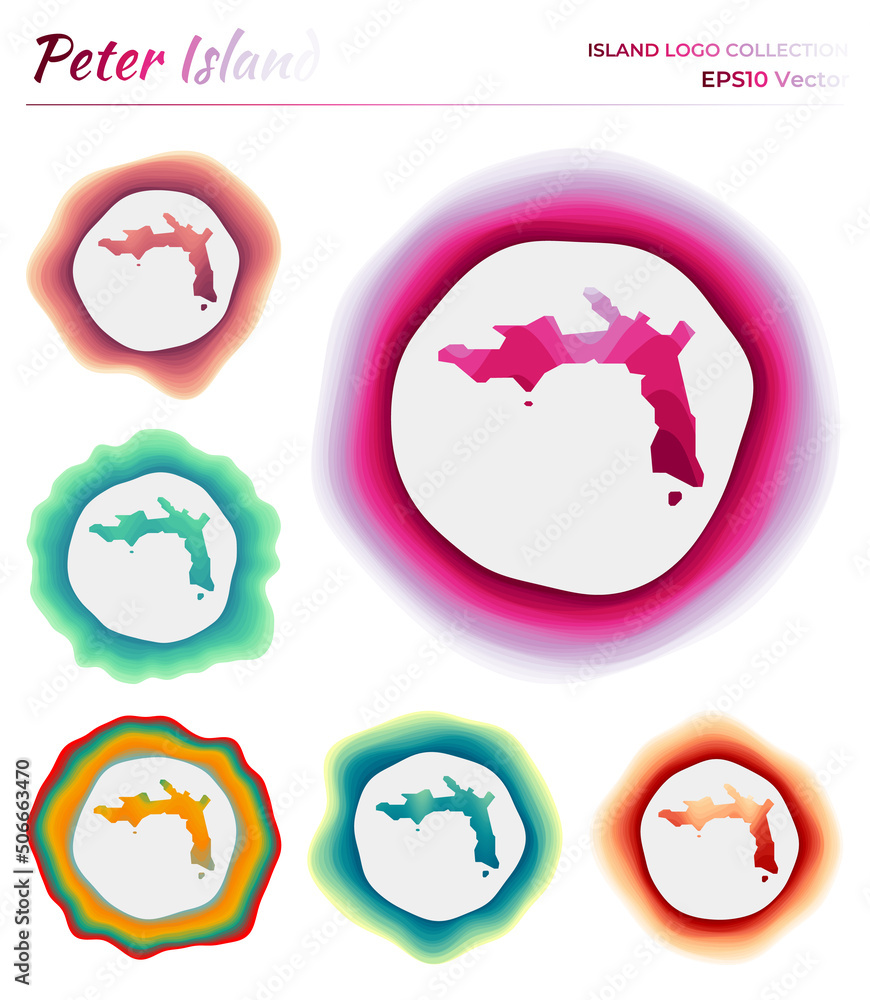 Peter Island logo collection. Colorful badge of the island. Layers around Peter Island border shape. Vector illustration. Peter Island logo collection. Colorful badge of the island. Layers around Peter Island border shape. Vector illustration.