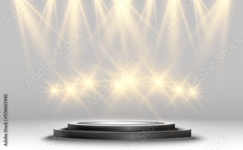 Round podium, pedestal or platform, illuminated by spotlights in the background. Vector illustration. Bright light. Light from above. Advertising place	