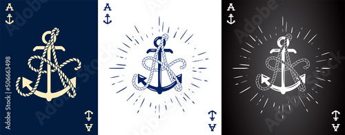 Set of three Vintage Label with an Anchor and Letter made of Ship Rope. Apparel t-shirt or Poster Design. Logotype Monogram with Playing Cards Style. Vector illustration.