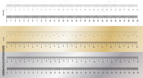 Ruler. Measuring scale, Markup for Rulers. Vector illustration. Centimeters and Millimeters Scale. Inch Scale. Set..