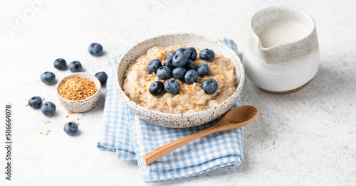 Breakfast oatmeal porridge with blueberries and linseeds. Healthy vegan meal on grey concrete table background. Web banner composition