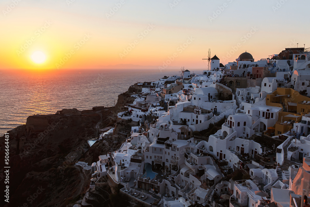 Twilight over Santorini famous view. Vacation in Greece.