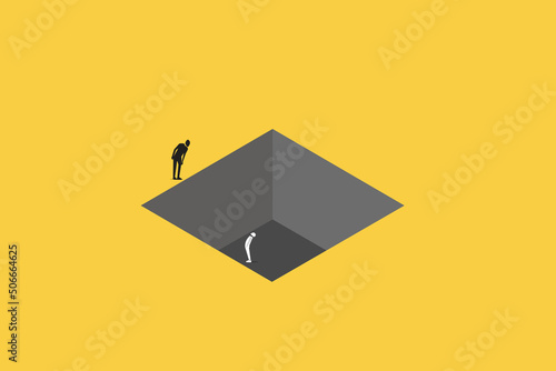 Successful businessman standing on the top looking down white man, which pointing up as symbol of achievement, success and developing business in successful way.