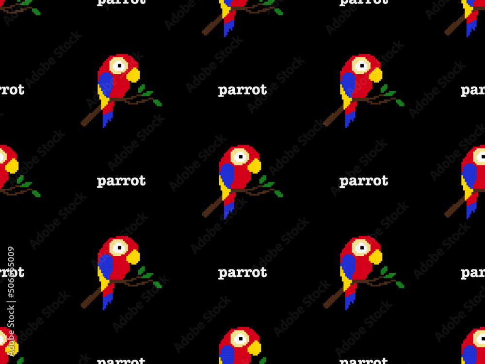 Parrot cartoon character seamless pattern on black background. Pixel style