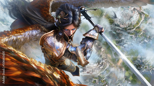 A beautiful angel woman flies high above the kingdoms on her falcon wings in shiny gilded knight armor with a two-handed sword zweihender in her hands, preparing to make a deadly strike. 3d rendering