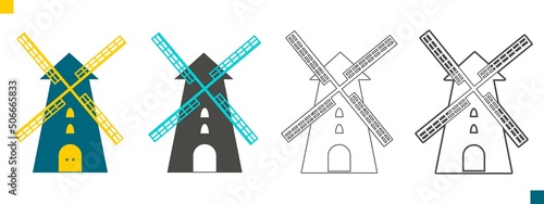Old windmills. Vintage stone wind mills. Traditional dutch farm building for grinding wheat grains to flour. Set of countryside architecture isolated on white background