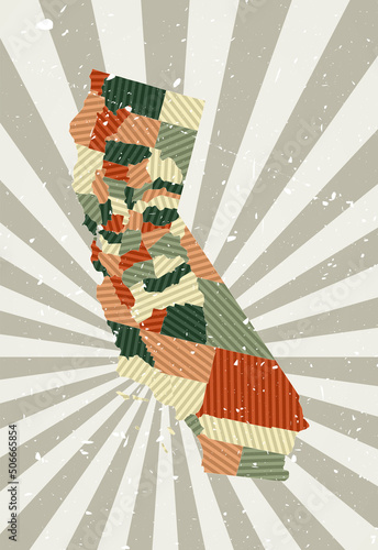 California vintage map. Grunge poster with map of the US state in retro color palette. Shape of California with sunburst rays background. Vector illustration.