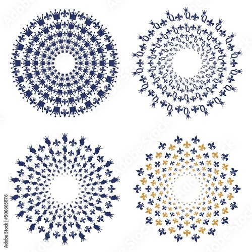 Decorative design elements collection. Pattern with royal lily and crown. Circular ornamental symbol.
