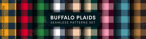 Buffalo Plaid seamless pattens set. Vector checkered red, green, brown, blue plaids textured background. Traditional fabric print collection. Flannel plaid texture for fashion, print, design