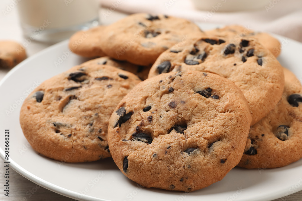 Delicious chocolate chip cookies on plate, closeup Delicious chocolate chip cookies on plate, closeup