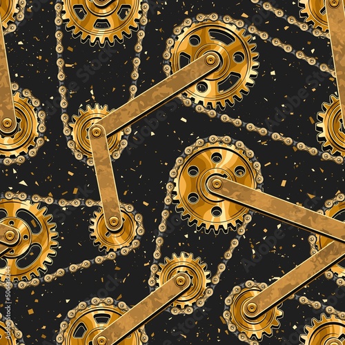 Seamless pattern with polished gold gears, bike chains, rivets, metal rails on textured dark background with small particles like dust, motes. Vector illustration in steampunk style. T-shirt pattern.