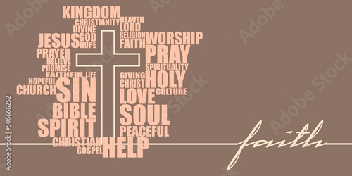 Christianity concept illustration. Crosses and relative words colud. Thin line style photo