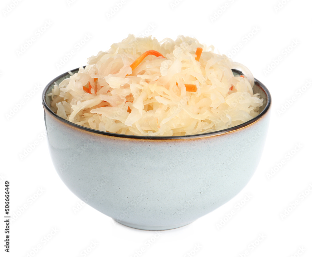 Bowl of tasty sauerkraut with carrot on white background Bowl of tasty sauerkraut with carrot on white background
