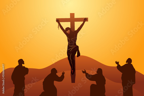 Jesus Dies On The Cross. Way of the Cross or Stations of the Cross, twelfth station. Mary the Mother of Jesus, John the beloved disciple, and Mary