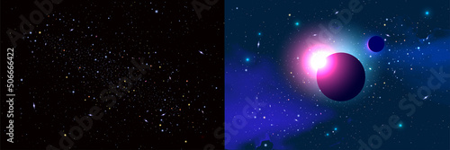 Vector Cosmology Illustration with Universe, Galaxy, Sun, Planets and Stars. Can be used for Invitation or Booklet. Futuristic view with Depth and Space Background