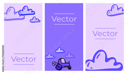 Tractor in the clouds sketch set of vector illustrations. Harvest season, cloudy weather hand drawn vertical background. Agricultural media banner