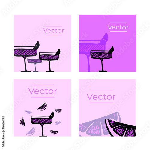Summer drink cocktail sketch vector set of illustrations. Party beverage bar hand drawn square background. Alcohol media banner